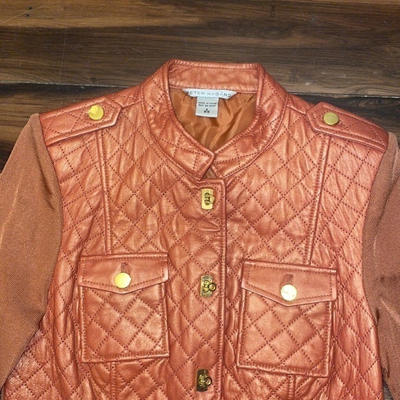Peter Nygard‎ Womens Jacket Bronze Color Leather Embroidered Front Size Small - Picture 6 of 7